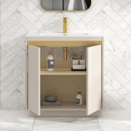 Royal Bathrooms Orion 800mm Warm Taupe 2 Door Floor Standing Vanity Unit With Ceramic Basin & Brushed Brass Strip - thumbnail 4