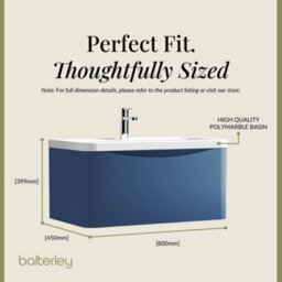Balterley Dunwood Wall Hung 1 Drawer Bathroom Vanity Unit & Polymarble Basin, Satin Blue, 755mm - thumbnail 5