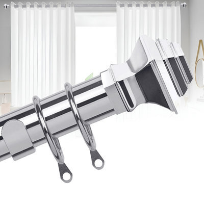 Bedlooms Metal Curtain Pole 28mm- Lamp Square Finials Strong Extendable Durable Rod Chrome 160-300 Cm, 63''- 118''
