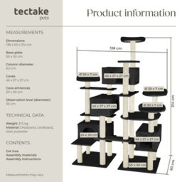 Tectake Cat Tree Entissar - 214 Cm Tall, Sisal Scratching Posts, Anti-Tip Protection - Black - thumbnail 6