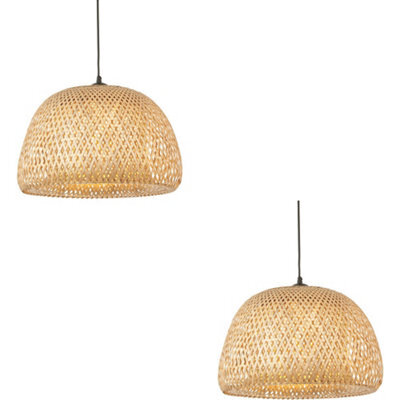 Loops 2 Pack Hanging Ceiling Pendant Light - Dome Natural Bamboo White Pc & Matt Black - 10W Led E27 - image 1