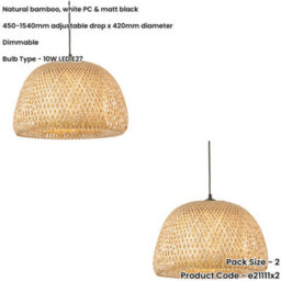 Loops 2 Pack Hanging Ceiling Pendant Light - Dome Natural Bamboo White Pc & Matt Black - 10W Led E27 - thumbnail 2