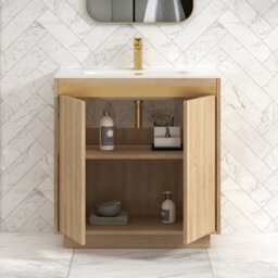 Royal Bathrooms Orion 800mm Natural Oak 2 Door Floor Standing Vanity Unit With Ceramic Basin & Brushed Brass Strip - thumbnail 4