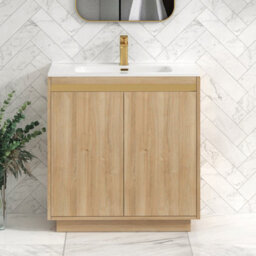 Royal Bathrooms Orion 800mm Natural Oak 2 Door Floor Standing Vanity Unit With Ceramic Basin & Brushed Brass Strip - thumbnail 2