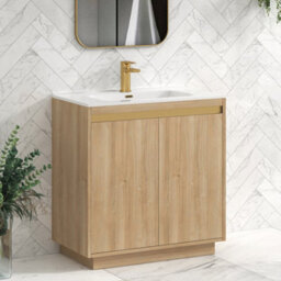 Royal Bathrooms Orion 800mm Natural Oak 2 Door Floor Standing Vanity Unit With Ceramic Basin & Brushed Brass Strip - thumbnail 5