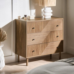 Wyld and Coco Nordicluxe 3-Drawer Chest With Ribbed Front, Light Brown Pine Legs, Compact W80 X D40 X H77Cm - thumbnail 2