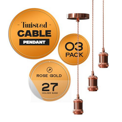 3 Pack Vintage E27 Pendant Light Fitting Kit Industrial Ceiling Light With 2M Twisted Cable Rose Gold - image 1