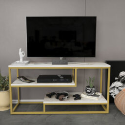 Decorotika Lorin Tv Stand Tv Unit For Tvs Up To 55 Inch White Marble Effect And Gold