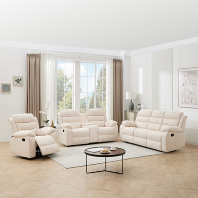 More4Homes Boston Manual Recliner Fabric 1+2+3 Seater Sofa Set W Drinks Console (Beige) - image 1