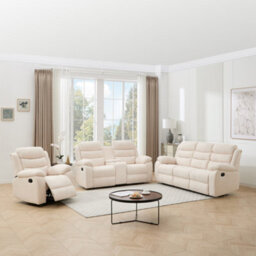 More4Homes Boston Manual Recliner Fabric 1+2+3 Seater Sofa Set W Drinks Console (Beige) - thumbnail 1