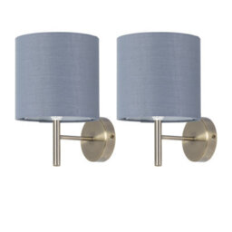 First Choice Lighting Set Of 2 Brea - Antique Brass Wall Lights With Grey Cotton Shades