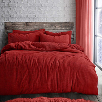 Velosso Teddy Fleece Duvet Cover & Pillowcase Set - Button Enclosure, Machine Washable Bedroom Essentials - Red