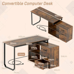 Costway 140 Cm Reversible L Shaped Desk With Power Outlet Study Writing Table-Brown - thumbnail 2