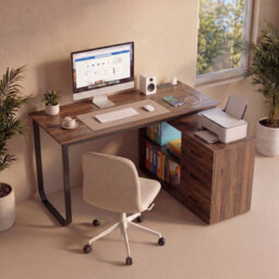 Costway 140 Cm Reversible L Shaped Desk With Power Outlet Study Writing Table-Brown - thumbnail 1