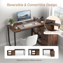 Costway 140 Cm Reversible L Shaped Desk With Power Outlet Study Writing Table-Brown - thumbnail 7