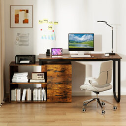 Costway 140 Cm Reversible L Shaped Desk With Power Outlet Study Writing Table-Brown - thumbnail 4