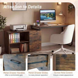 Costway 140 Cm Reversible L Shaped Desk With Power Outlet Study Writing Table-Brown - thumbnail 9