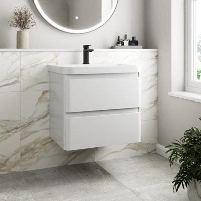 Affine Bathroom Wall Hung Vanity Unit Wash Basin Base Cabinet Two Drawers Storage White - image 1