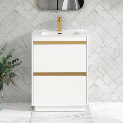 Royal Bathrooms Orion 600mm Matt White 2 Drawer Floor Standing Vanity Unit With Ceramic Basin & Brushed Brass Strip - image 1