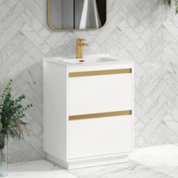 Royal Bathrooms Orion 600mm Matt White 2 Drawer Floor Standing Vanity Unit With Ceramic Basin & Brushed Brass Strip - thumbnail 5