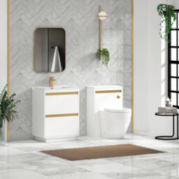Royal Bathrooms Orion 600mm Matt White 2 Drawer Floor Standing Vanity Unit With Ceramic Basin & Brushed Brass Strip - thumbnail 3