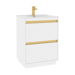 Royal Bathrooms Orion 600mm Matt White 2 Drawer Floor Standing Vanity Unit With Ceramic Basin & Brushed Brass Strip - thumbnail 6