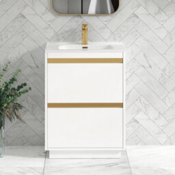 Royal Bathrooms Orion 600mm Matt White 2 Drawer Floor Standing Vanity Unit With Ceramic Basin & Brushed Brass Strip - thumbnail 1