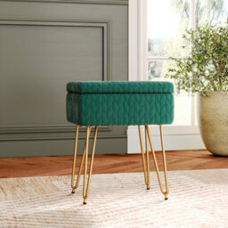 Living And Home Rectangle Green Upholstered Storage Ottoman Vanity Stool With Padded Metal Legs - thumbnail 1