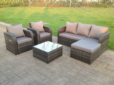Fimous Grey Wicker Rattan Garden Furniture Set Lounge Sofa 2 Reclining Chair Outdoor Big Footstool  6 Seater Square Table - image 1