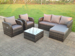Fimous Grey Wicker Rattan Garden Furniture Set Lounge Sofa 2 Reclining Chair Outdoor Big Footstool  6 Seater Square Table - thumbnail 8