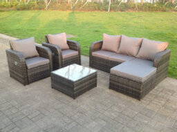 Fimous Grey Wicker Rattan Garden Furniture Set Lounge Sofa 2 Reclining Chair Outdoor Big Footstool  6 Seater Square Table - thumbnail 1