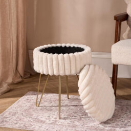 Ohs Faux Fur Stool Hairpin Ribbed Fleece Round Vanity Seat Cushioned Foot Rest Chair - thumbnail 2