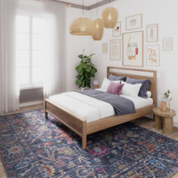 Loomed Floral Design Cotton Chenille Rug Navy Multicolour Machine Washable 160Cm X 230Cm - thumbnail 2