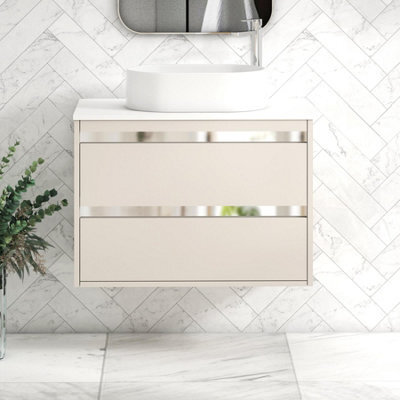 Royal Bathrooms Orion 800mm Warm Taupe Wall Hung Plain White Countertop Vanity Unit 2 Drawer With Peak Basin & Chrome Accent Trim - image 1