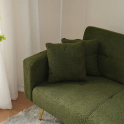 Btm Green Floding Sofa Bed With Sherpa Fabric Sturdy Wooden Frame,  2 Cushions And Side Storage Pockets. - thumbnail 9