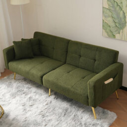 Btm Green Floding Sofa Bed With Sherpa Fabric Sturdy Wooden Frame,  2 Cushions And Side Storage Pockets. - thumbnail 3