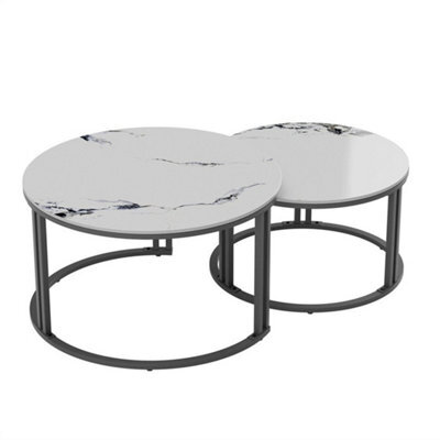 2X Nesting Coffee Table Strong Metal Frame End Table High Glossy Real Stone Top - image 1
