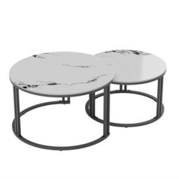 2X Nesting Coffee Table Strong Metal Frame End Table High Glossy Real Stone Top - thumbnail 1