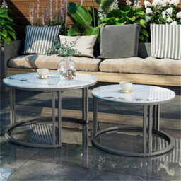 2X Nesting Coffee Table Strong Metal Frame End Table High Glossy Real Stone Top - thumbnail 4