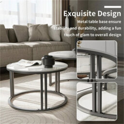 2X Nesting Coffee Table Strong Metal Frame End Table High Glossy Real Stone Top - thumbnail 5
