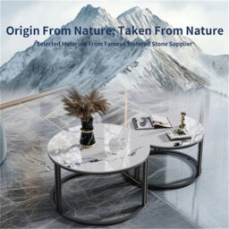 2X Nesting Coffee Table Strong Metal Frame End Table High Glossy Real Stone Top - thumbnail 3