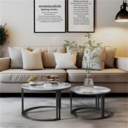 2X Nesting Coffee Table Strong Metal Frame End Table High Glossy Real Stone Top - thumbnail 6