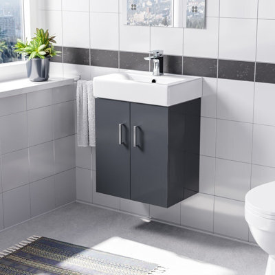 Nes Home 450mm Dark Grey Basin Vanity Mdf Cabinet Bathroom Wall Hung Unit - image 1