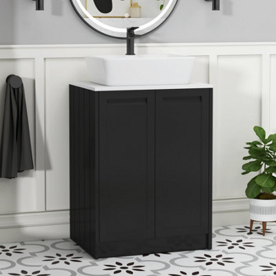 Royal Bathrooms Royal Bathroom Elmore 600mm Matt Nocturne Black Freestanding Bathroom Vanity Unit 2 Door Plain White Worktop With Cube Basin - image 1