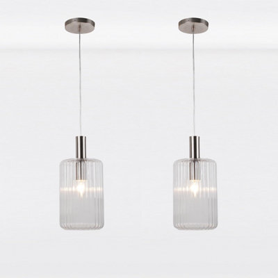 First Choice Lighting Set Of 2 Clear And Brushed Chrome Fluted Glass Design Pendant Fittings - image 1