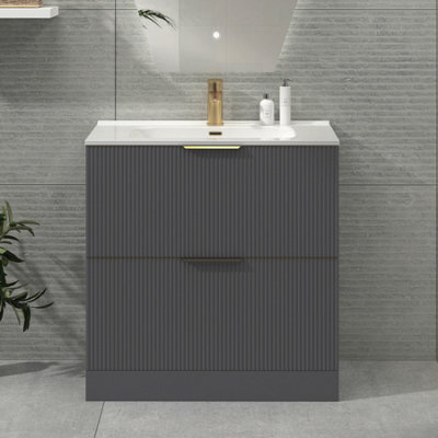 Royal Bathrooms Evora 800mm Graphite Grey Fluted Floor Standing Bathroom Vanity Unit 2 Drawer Cabinet With Ceramic Basin & Brushed Brass Handles - image 1