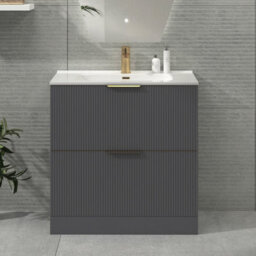 Royal Bathrooms Evora 800mm Graphite Grey Fluted Floor Standing Bathroom Vanity Unit 2 Drawer Cabinet With Ceramic Basin & Brushed Brass Handles