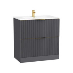 Royal Bathrooms Evora 800mm Graphite Grey Fluted Floor Standing Bathroom Vanity Unit 2 Drawer Cabinet With Ceramic Basin & Brushed Brass Handles - thumbnail 7