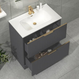 Royal Bathrooms Evora 800mm Graphite Grey Fluted Floor Standing Bathroom Vanity Unit 2 Drawer Cabinet With Ceramic Basin & Brushed Brass Handles - thumbnail 5
