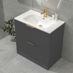 Royal Bathrooms Evora 800mm Graphite Grey Fluted Floor Standing Bathroom Vanity Unit 2 Drawer Cabinet With Ceramic Basin & Brushed Brass Handles - thumbnail 6